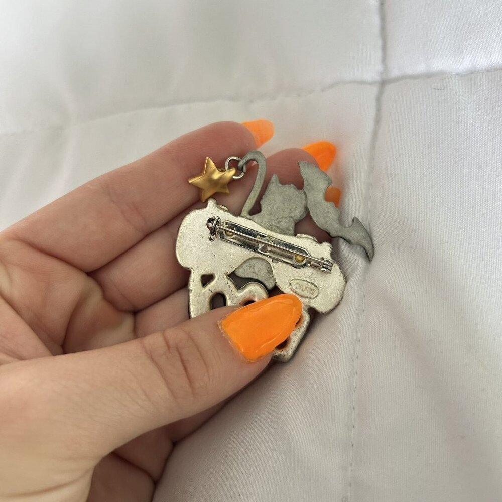 Vintage AJMC Large Halloween Cat Jack O Lantern Bat Boo Enamel Pewter Brooch Pin - Picture 5 of 6